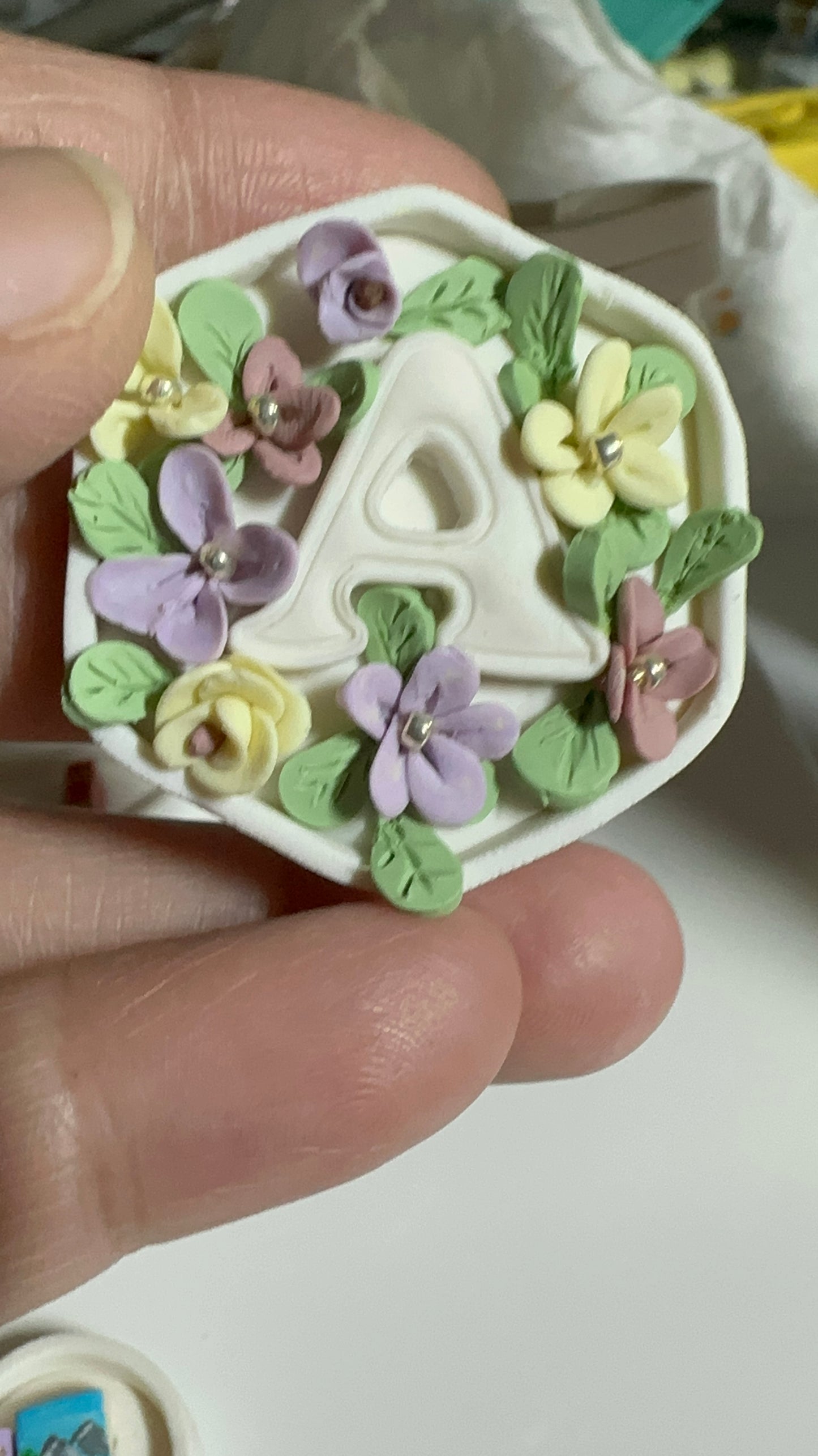 Handmade Initial and flowers Pendant Polymer Clay