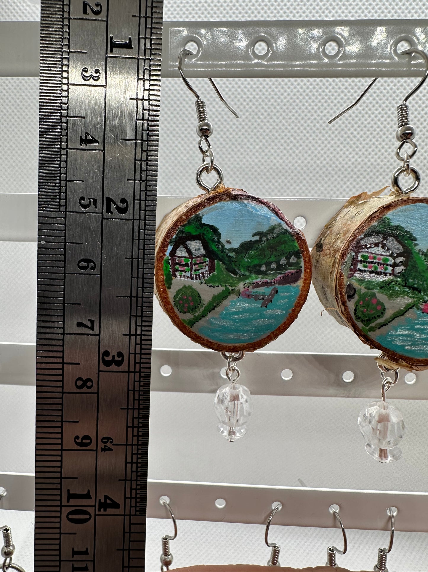 Wood slice original handpainted earring with glass beads