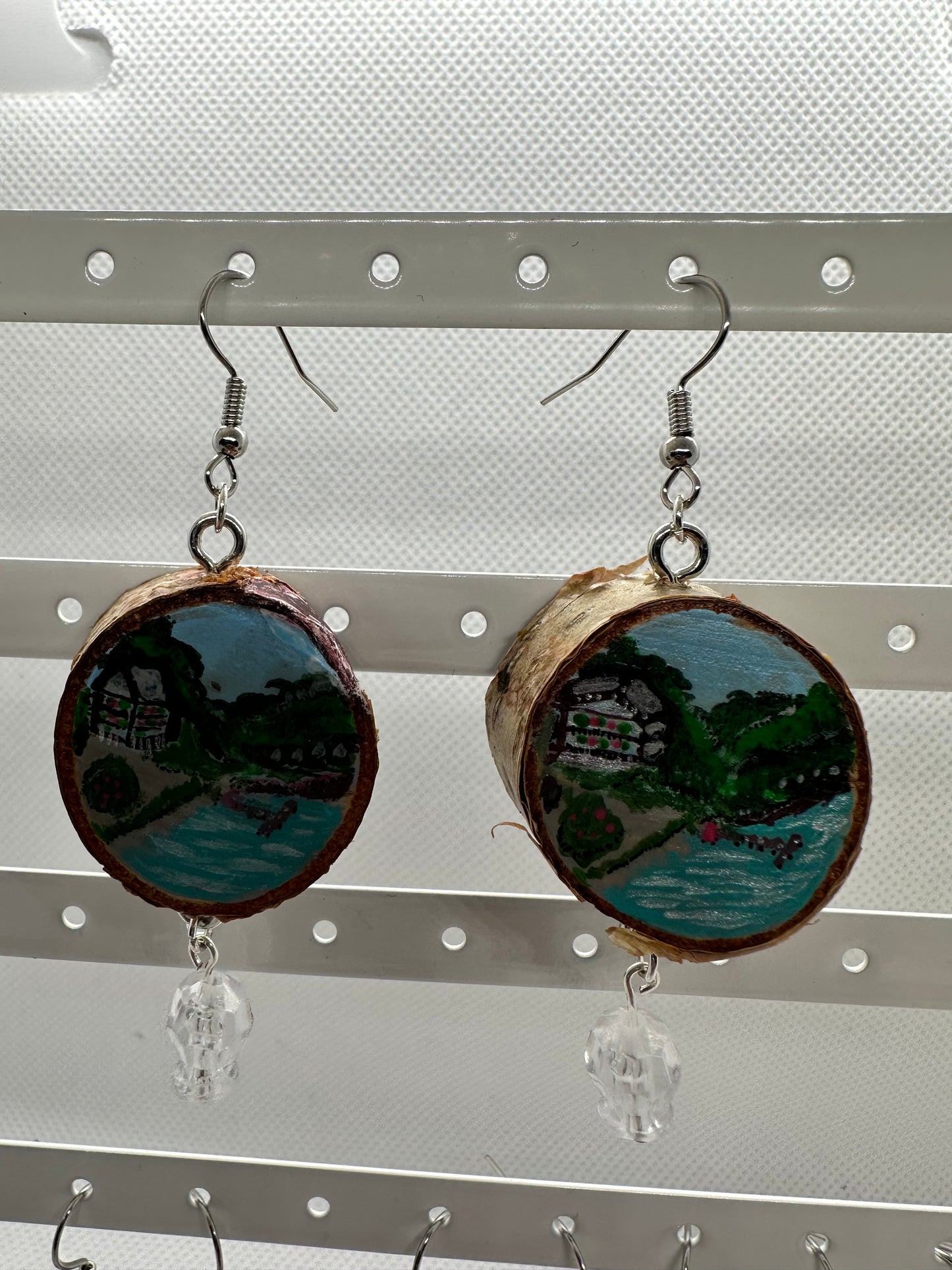 Wood slice original handpainted earring with glass beads