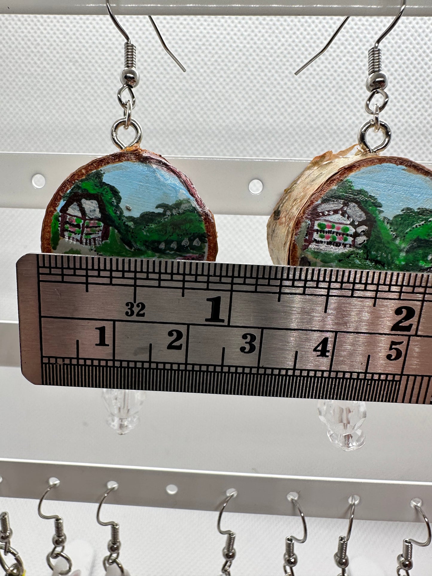 Wood slice original handpainted earring with glass beads