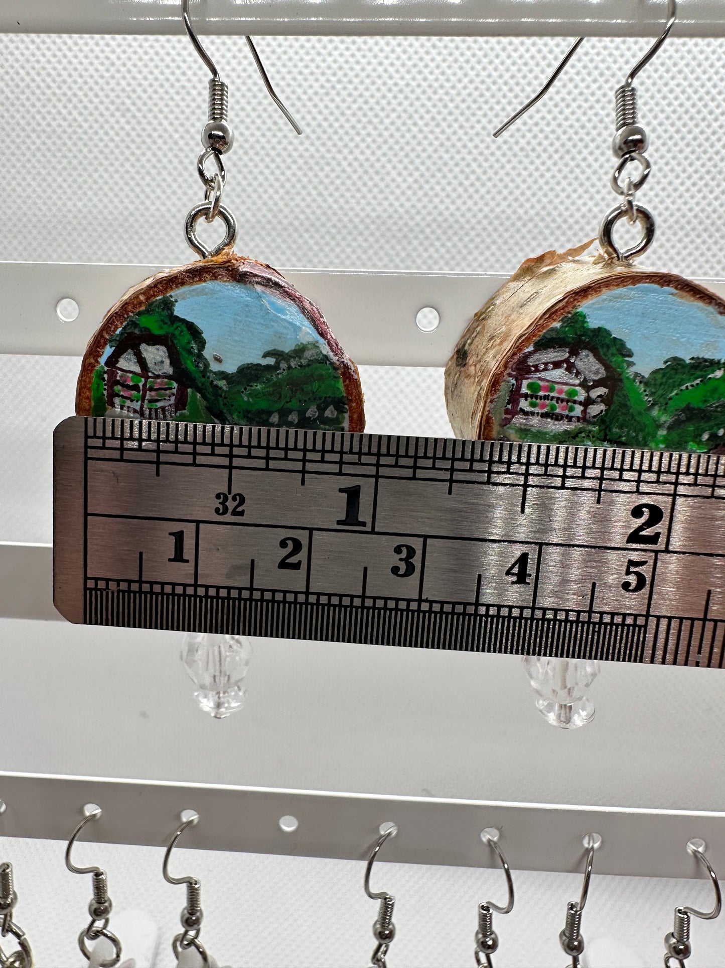 Wood slice original handpainted earring with glass beads